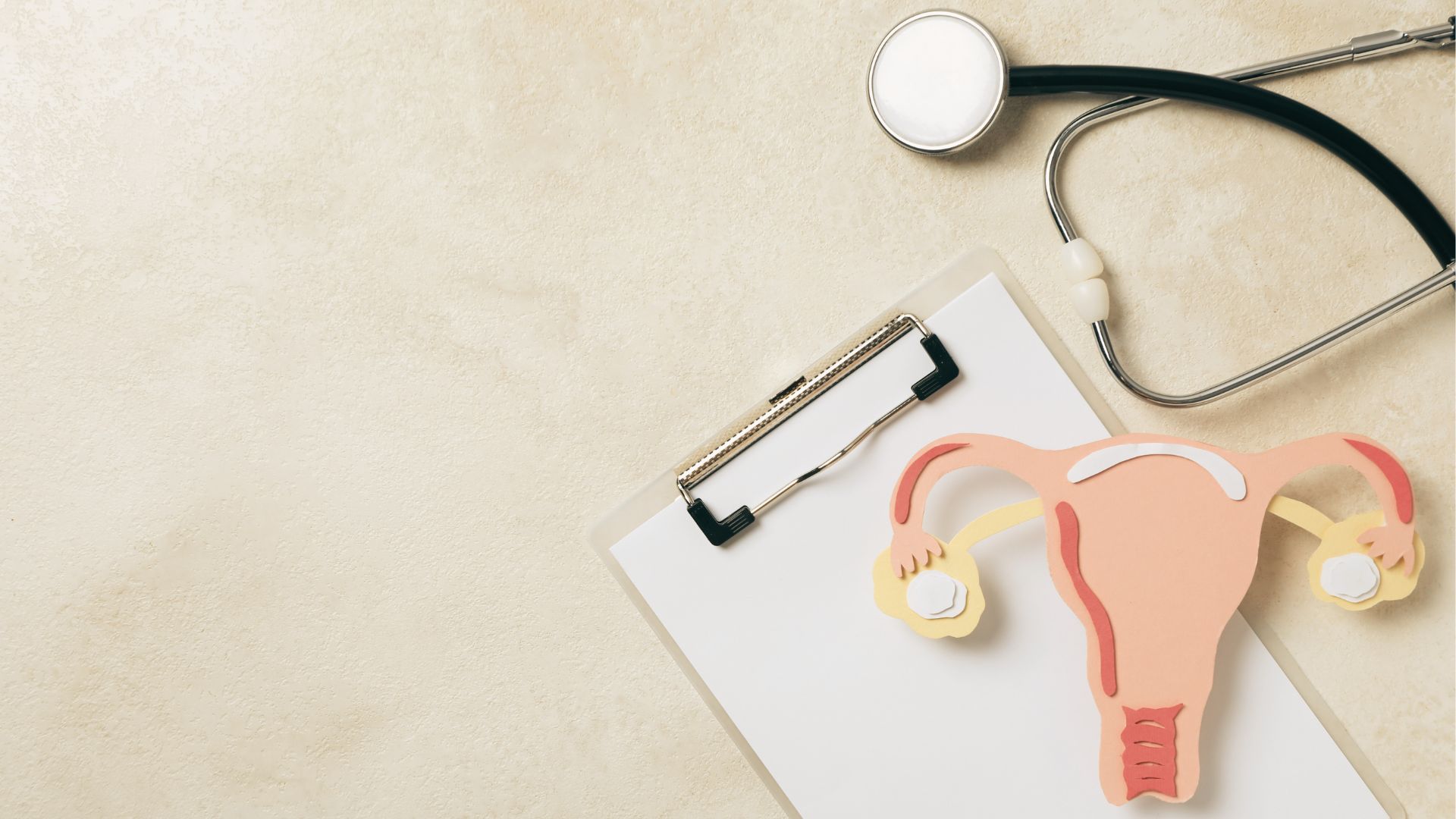 Estetoscópio e prancheta com folha em branco, sobre a qual está posicionado um modelo anatômico 3D do sistema reprodutor feminino, representando útero, trompas e ovários, em contexto médico e educativo.